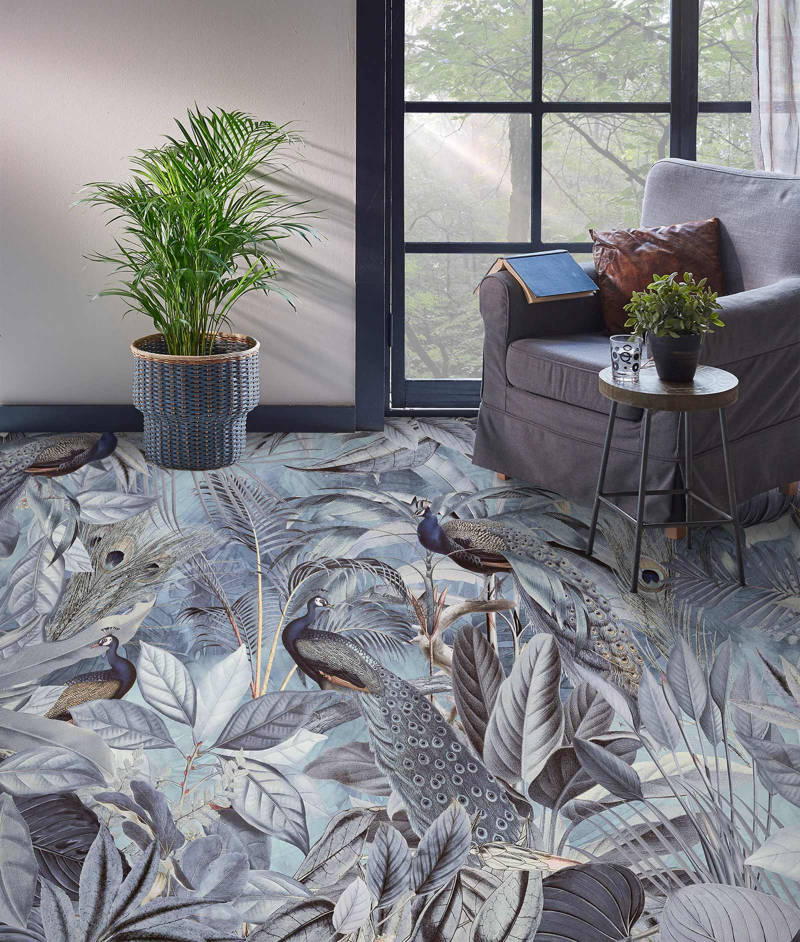 3D Grey Peacock Leaves Grove 10037 Andrea Haase Floor Mural