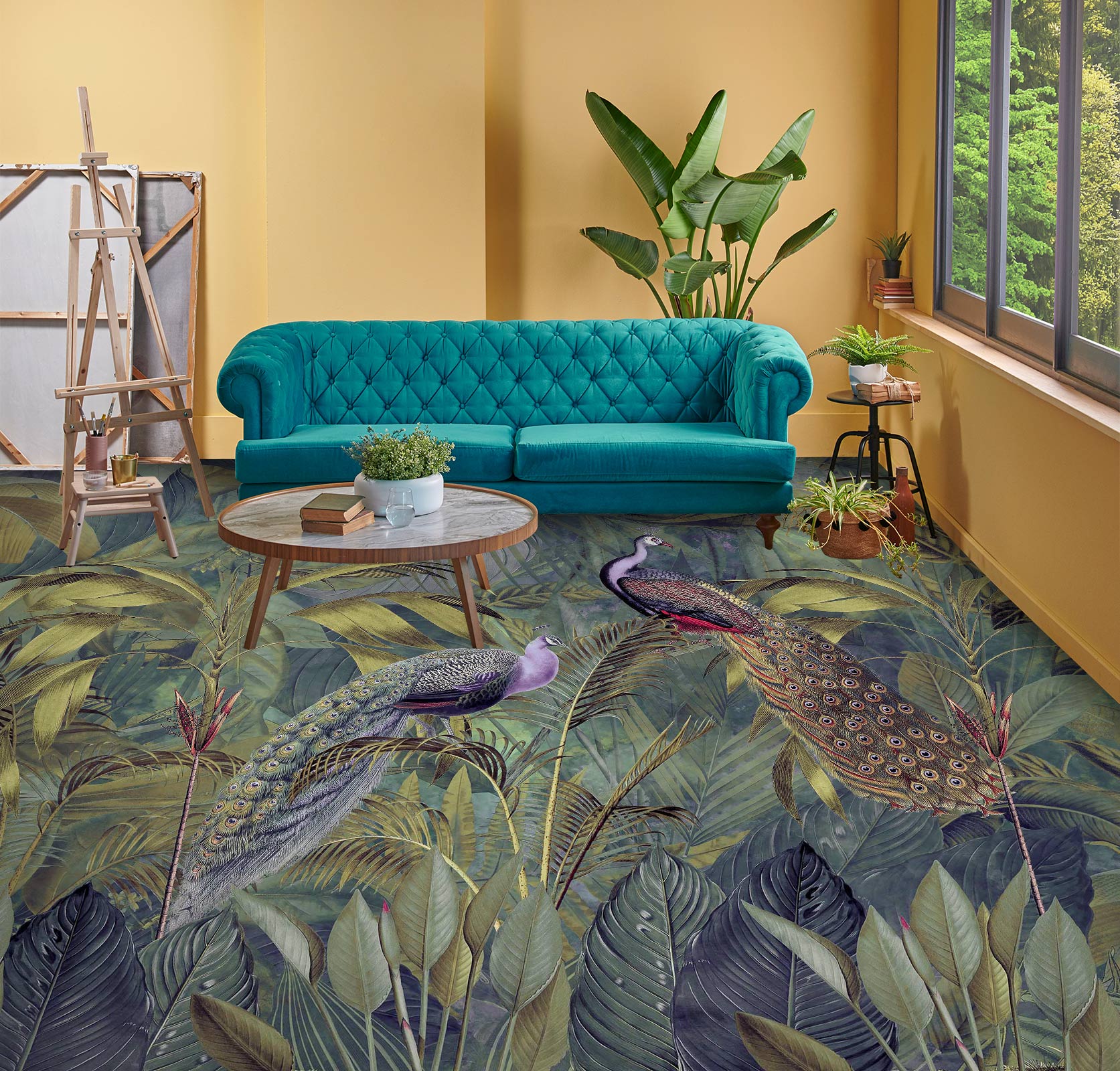3D Jungle Leaves Peacock 10044 Andrea Haase Floor Mural