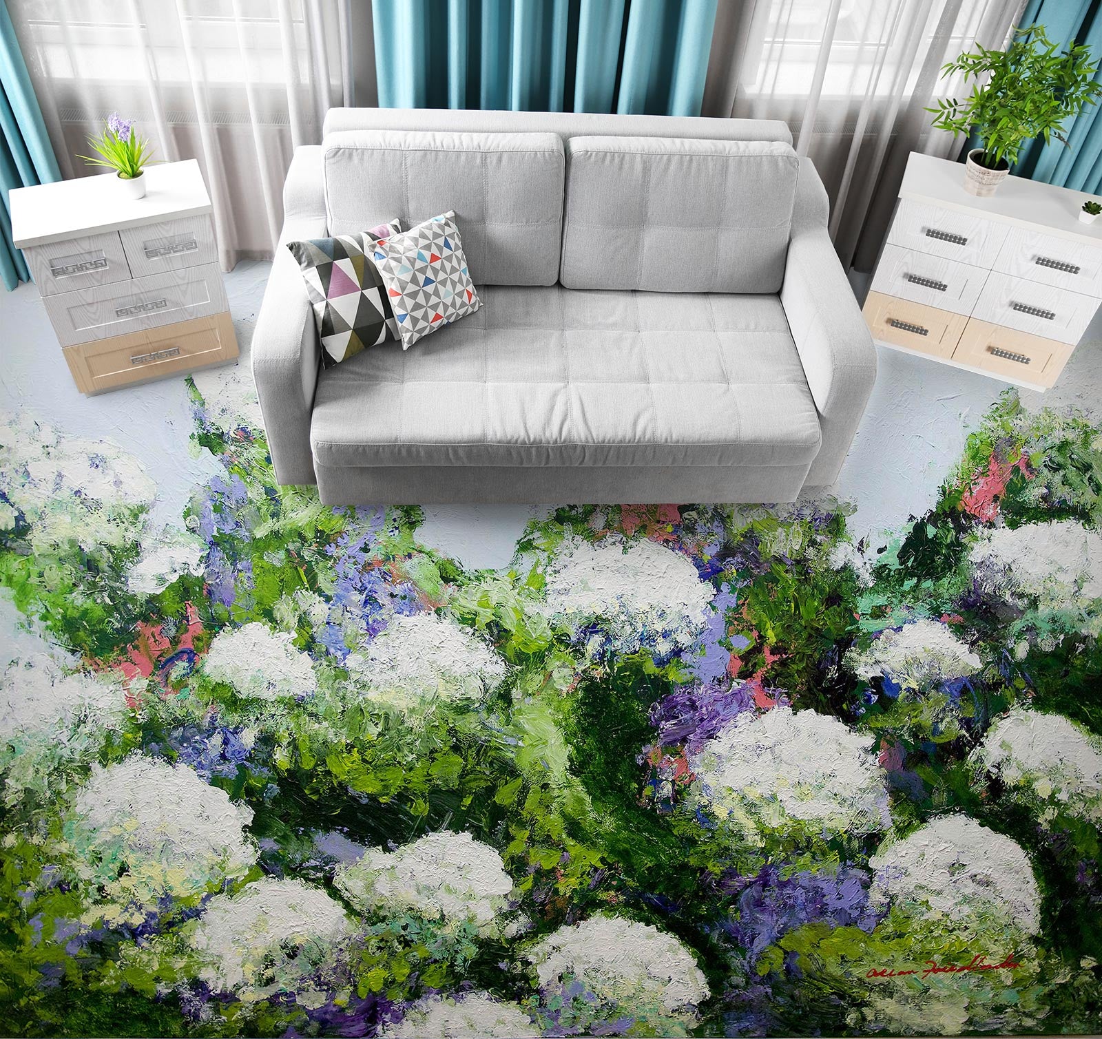 3D White Flowers Clump 9682 Allan P. Friedlander Floor Mural