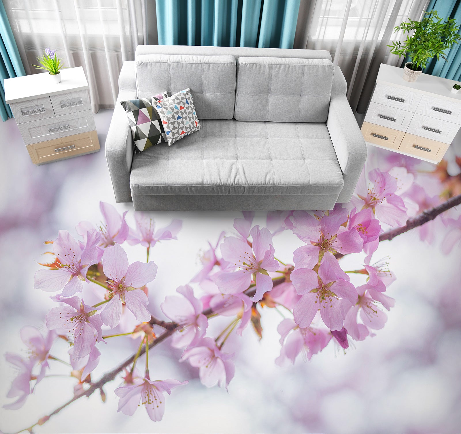 3D Pink Cherry Blossom Branch 9852 Assaf Frank Floor Mural