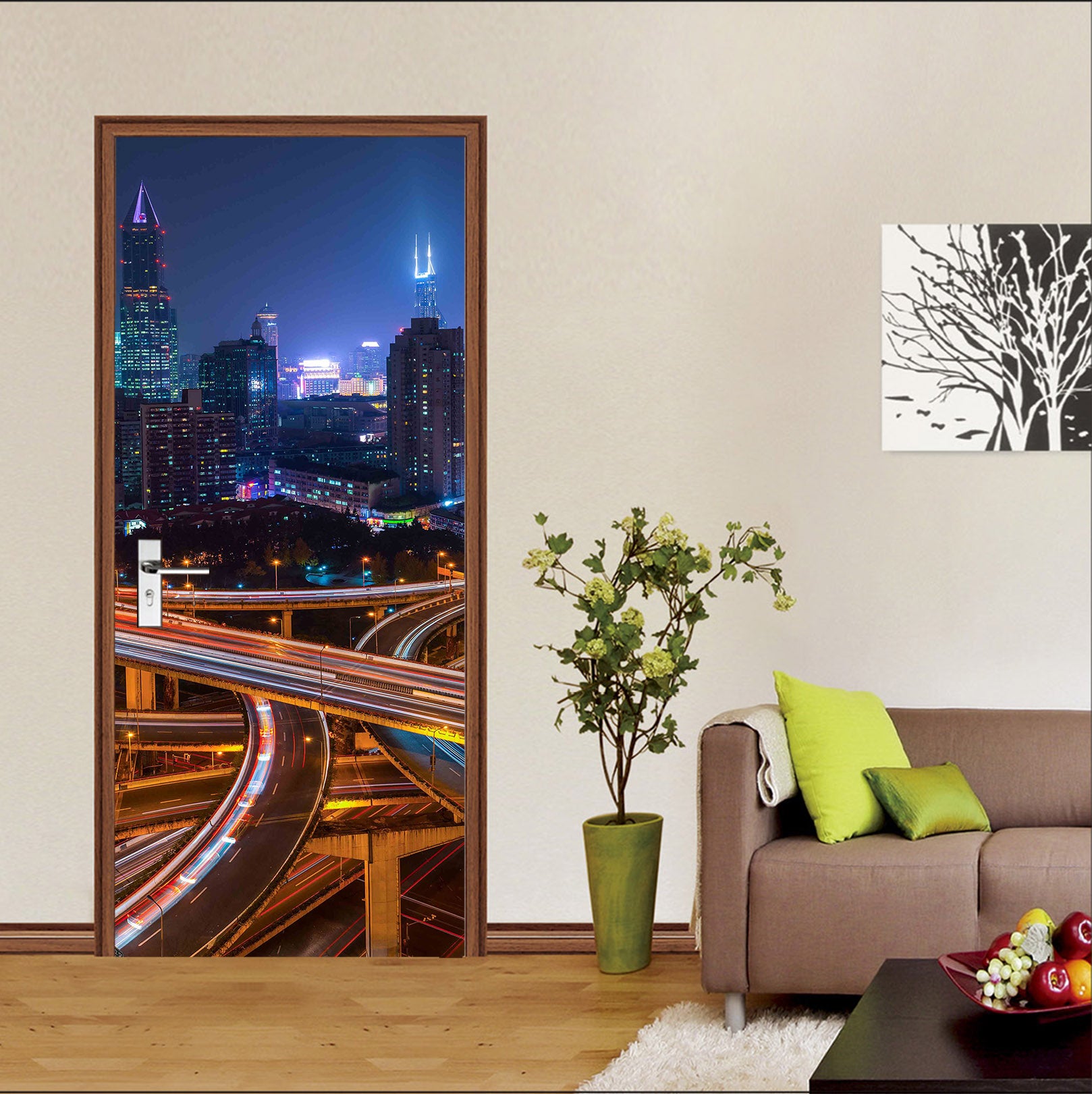 3D City High-Rise Night Highway 119108 Marco Carmassi Door Mural