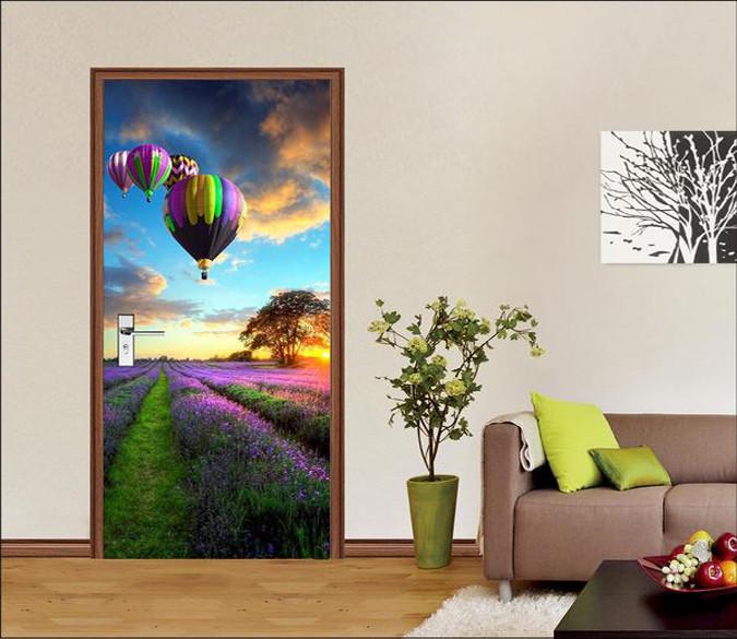 3D hot air balloon lavender flower field door mural Wallpaper AJ Wallpaper 