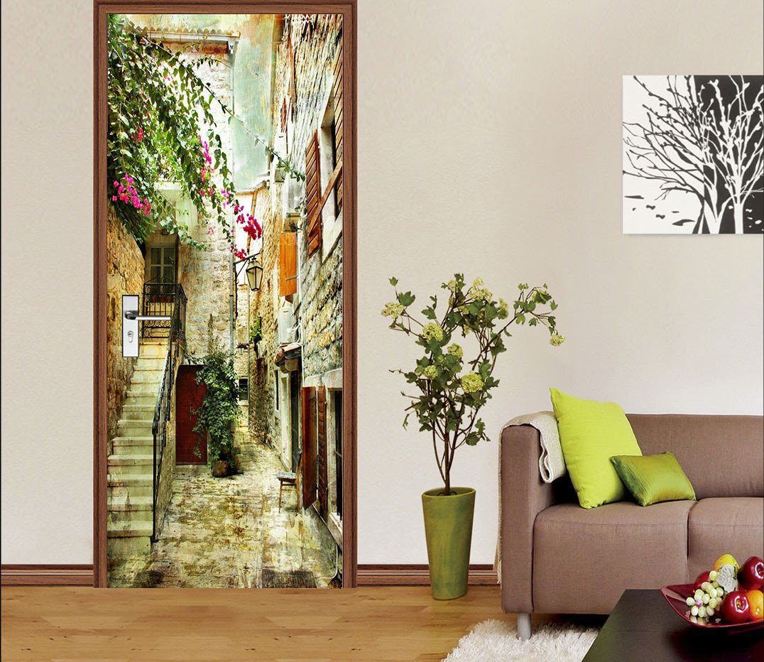 3D wall flower stairs street door mural Wallpaper AJ Wallpaper 