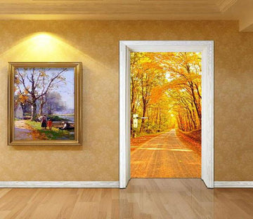 3D yellow tree leaf street door mural Wallpaper AJ Wallpaper 