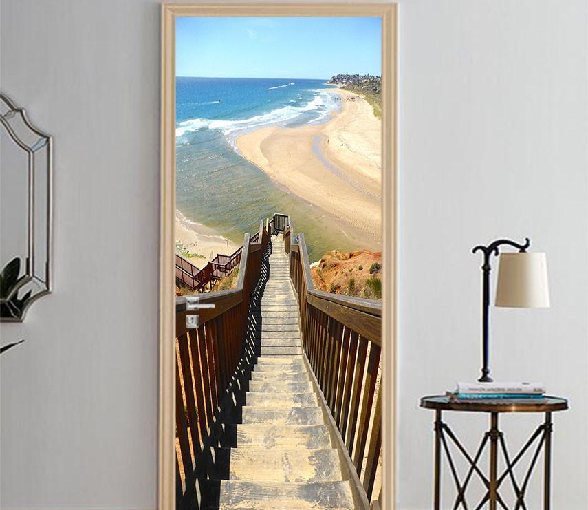 3D wooden stair sandy beach sea door mural Wallpaper AJ Wallpaper 