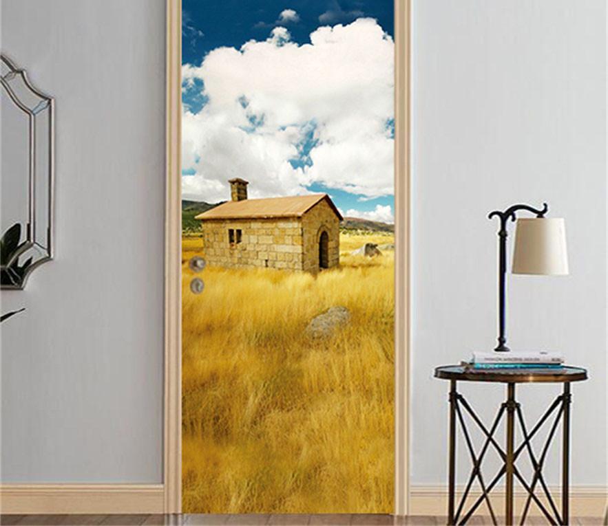 3D grassland field stone house door mural Wallpaper AJ Wallpaper 