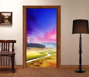 3D grassland river sunset door mural Wallpaper AJ Wallpaper 