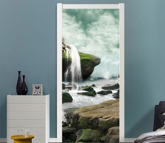 3D river stone white clouds door mural Wallpaper AJ Wallpaper 