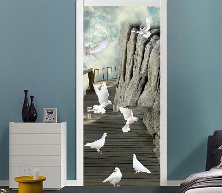 3D suspension bridges in the high mountain door mural Wallpaper AJ Wallpaper 