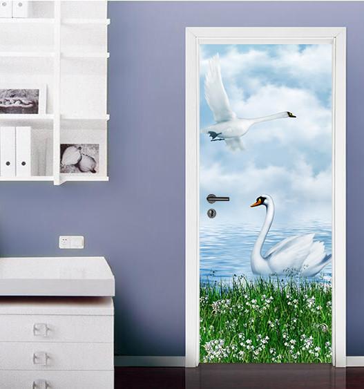 3D swan the blue sky and white clouds door mural Wallpaper AJ Wallpaper 