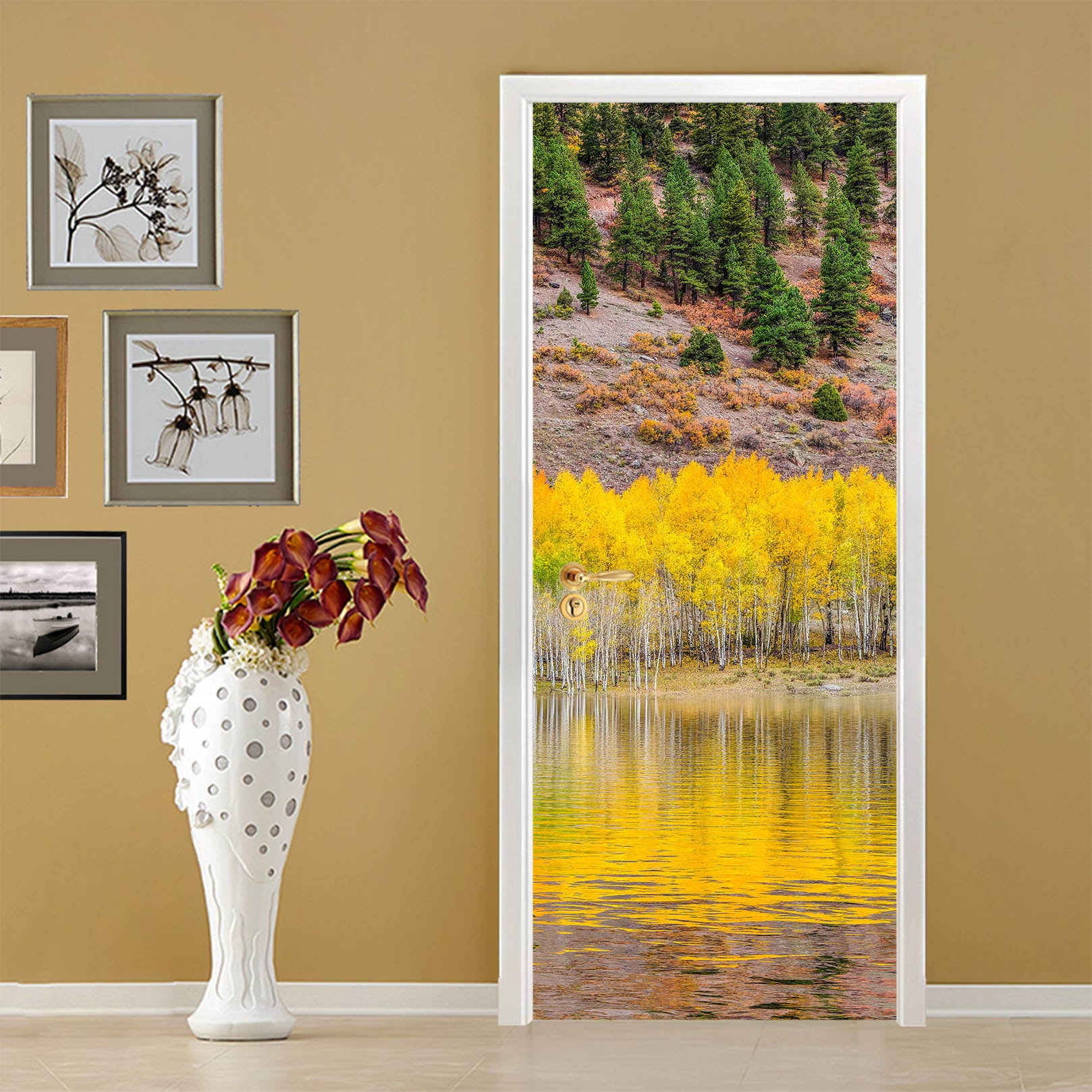 3D Yellow Trees Lake Mountain 11402 Marco Carmassi Door Mural