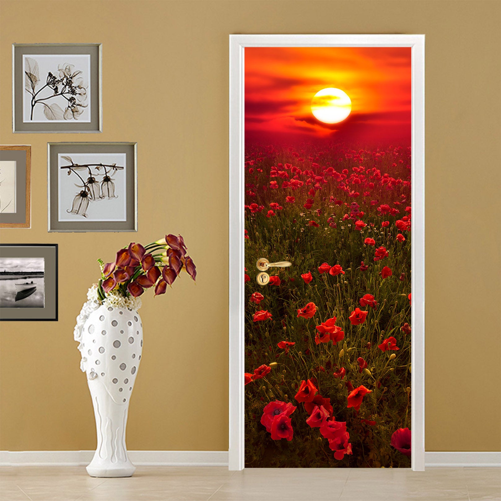 3D Red Sunlight Flower Bush 122147 Marco Carmassi Door Mural