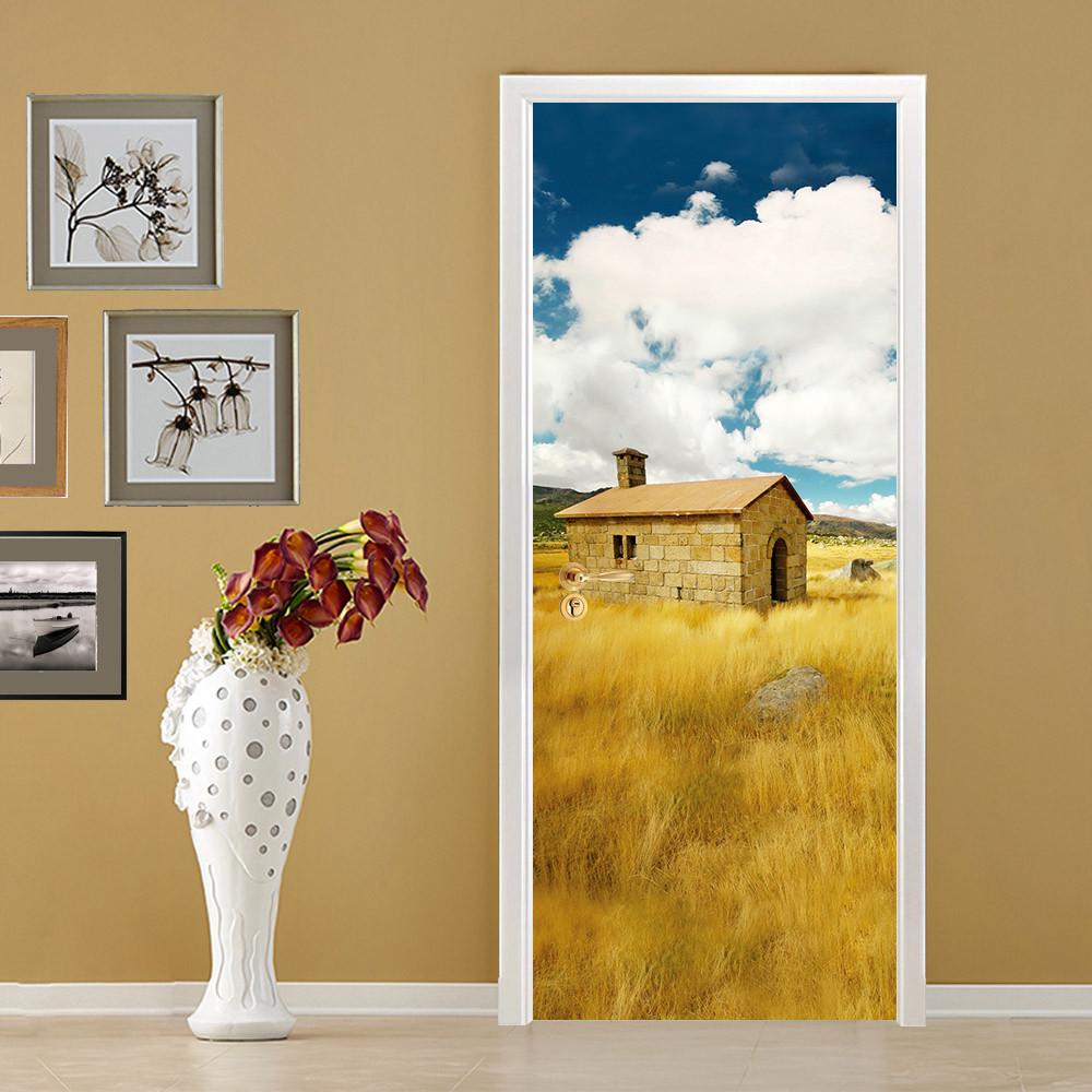 3D grassland field stone house door mural Wallpaper AJ Wallpaper 