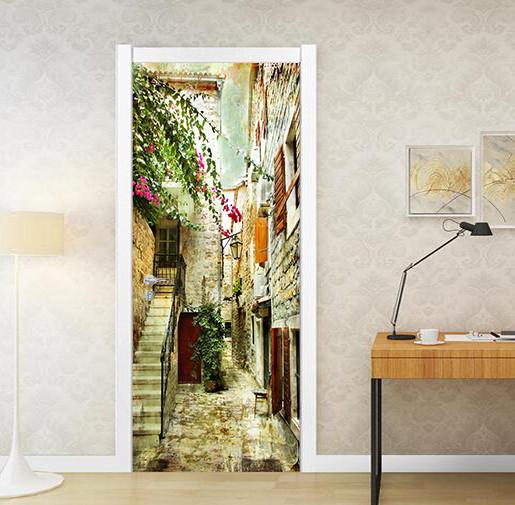 3D wall flower stairs street door mural Wallpaper AJ Wallpaper 