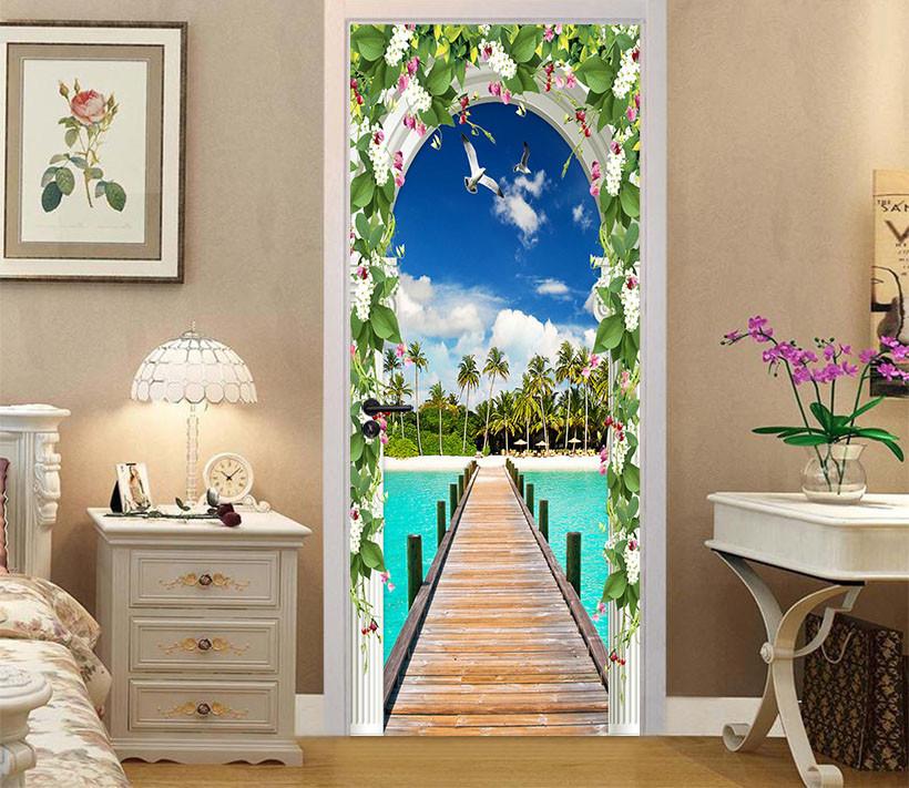 3D flowers arch sea wooden bridge door mural Wallpaper AJ Wallpaper 