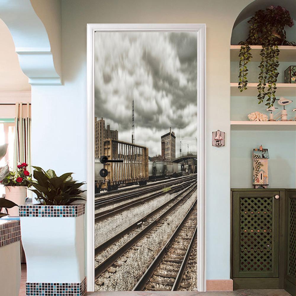 3D house on the edge of a railway track door mural Wallpaper AJ Wallpaper 