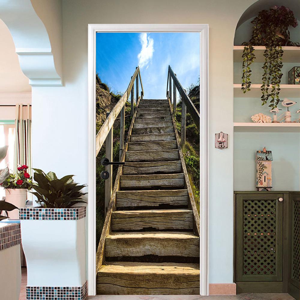 3D upward woodiness stairs door mural Wallpaper AJ Wallpaper 