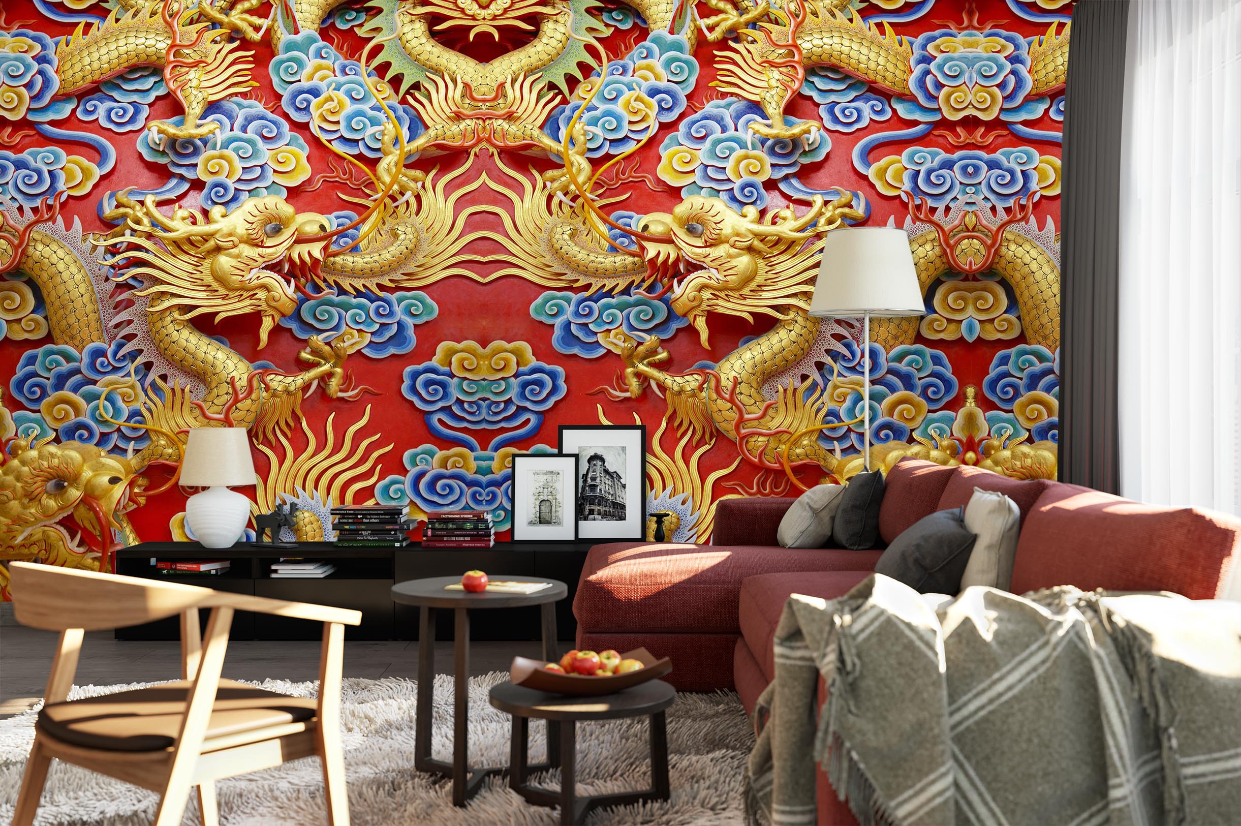 3D Carving Golden Dragon 2084 Wall Murals