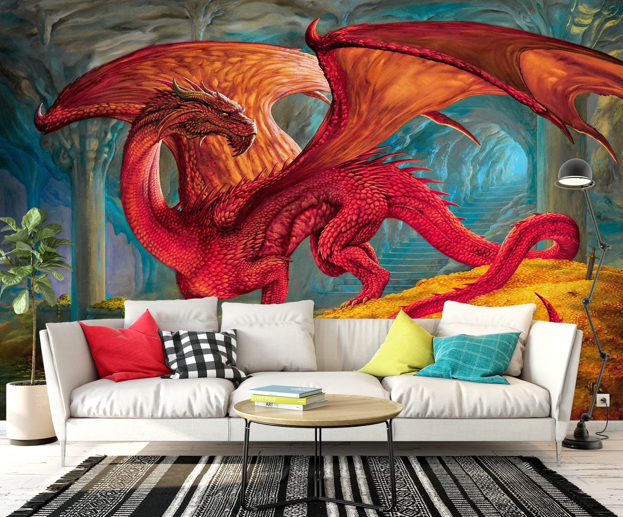 3D Hole Red Dragon 7079 Ciruelo Wall Mural Wall Murals