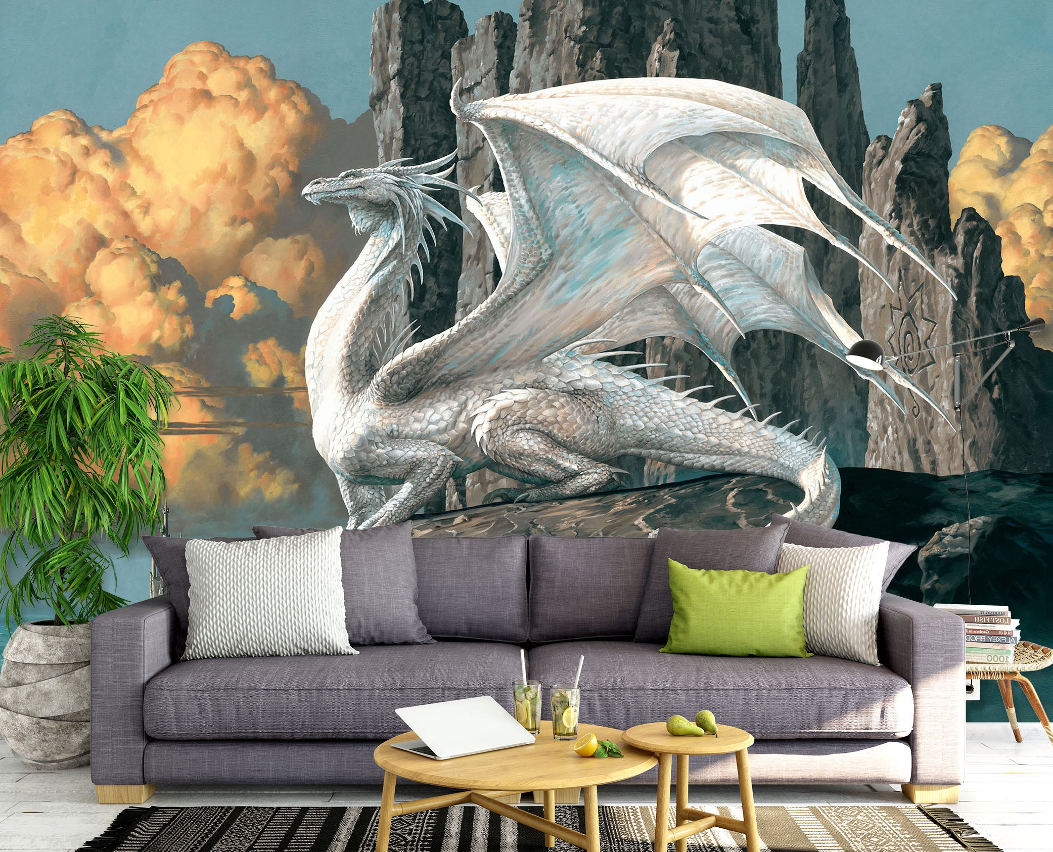 3D White Dragon Cloud Stone 7055 Ciruelo Wall Mural Wall Murals