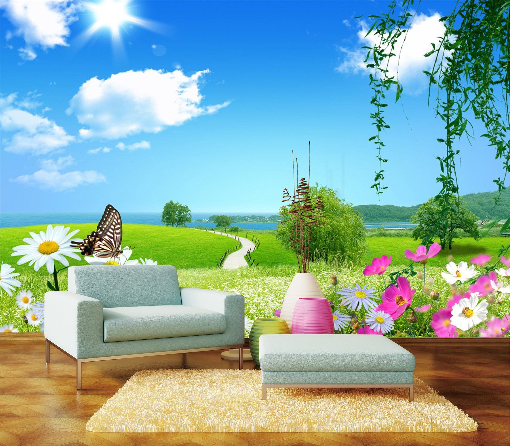 3D Sunflower Butterfly Sky 22 Wallpaper AJ Wallpaper 