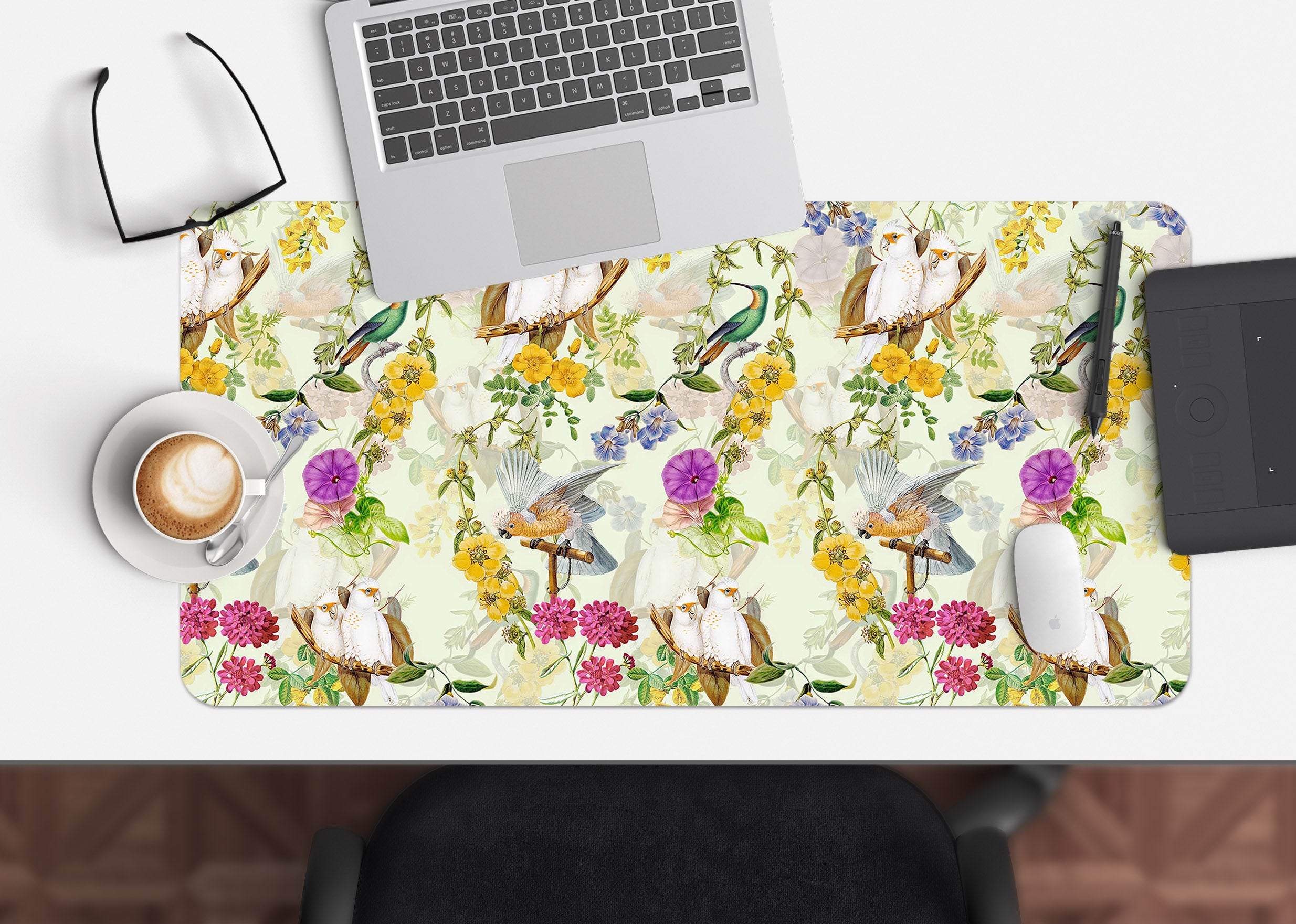 3D Colorful Flower White Parrot 120145 Uta Naumann Desk Mat