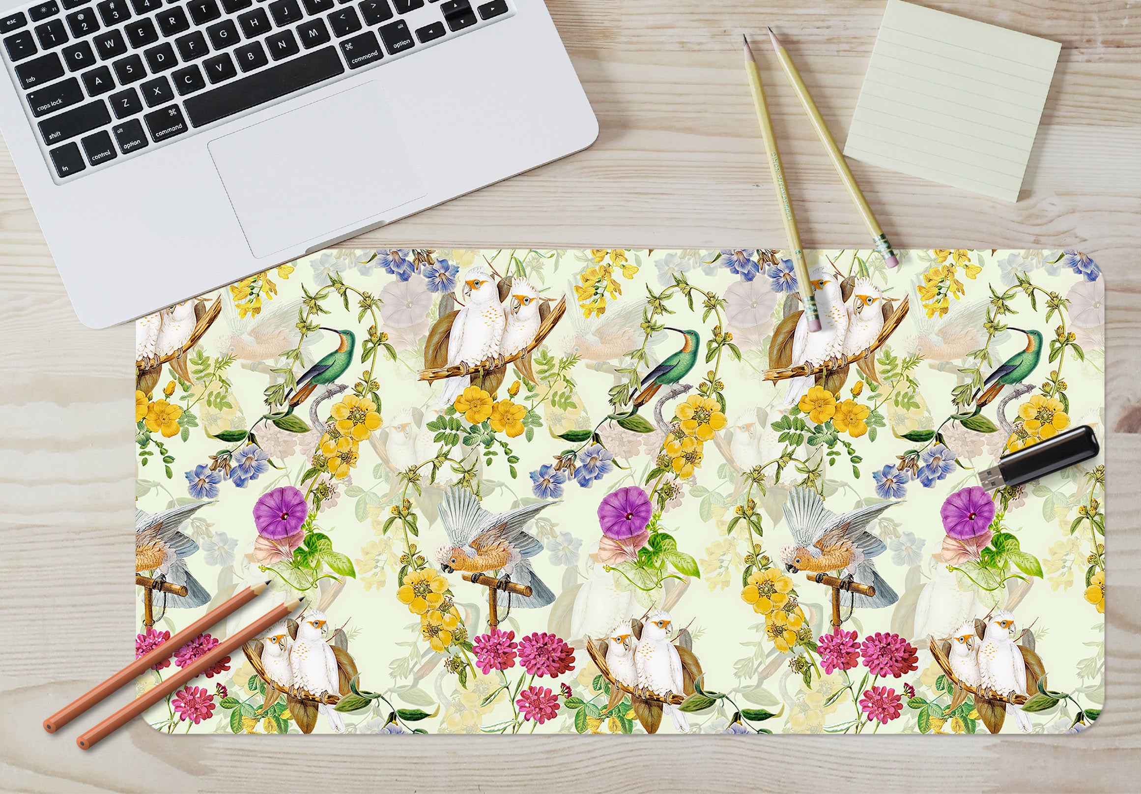 3D Colorful Flower White Parrot 120145 Uta Naumann Desk Mat