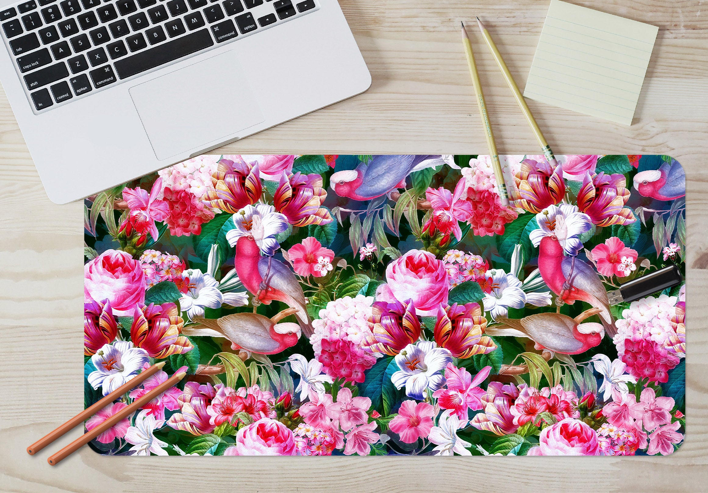 3D Pink Rose Bush Bird 120162 Uta Naumann Desk Mat