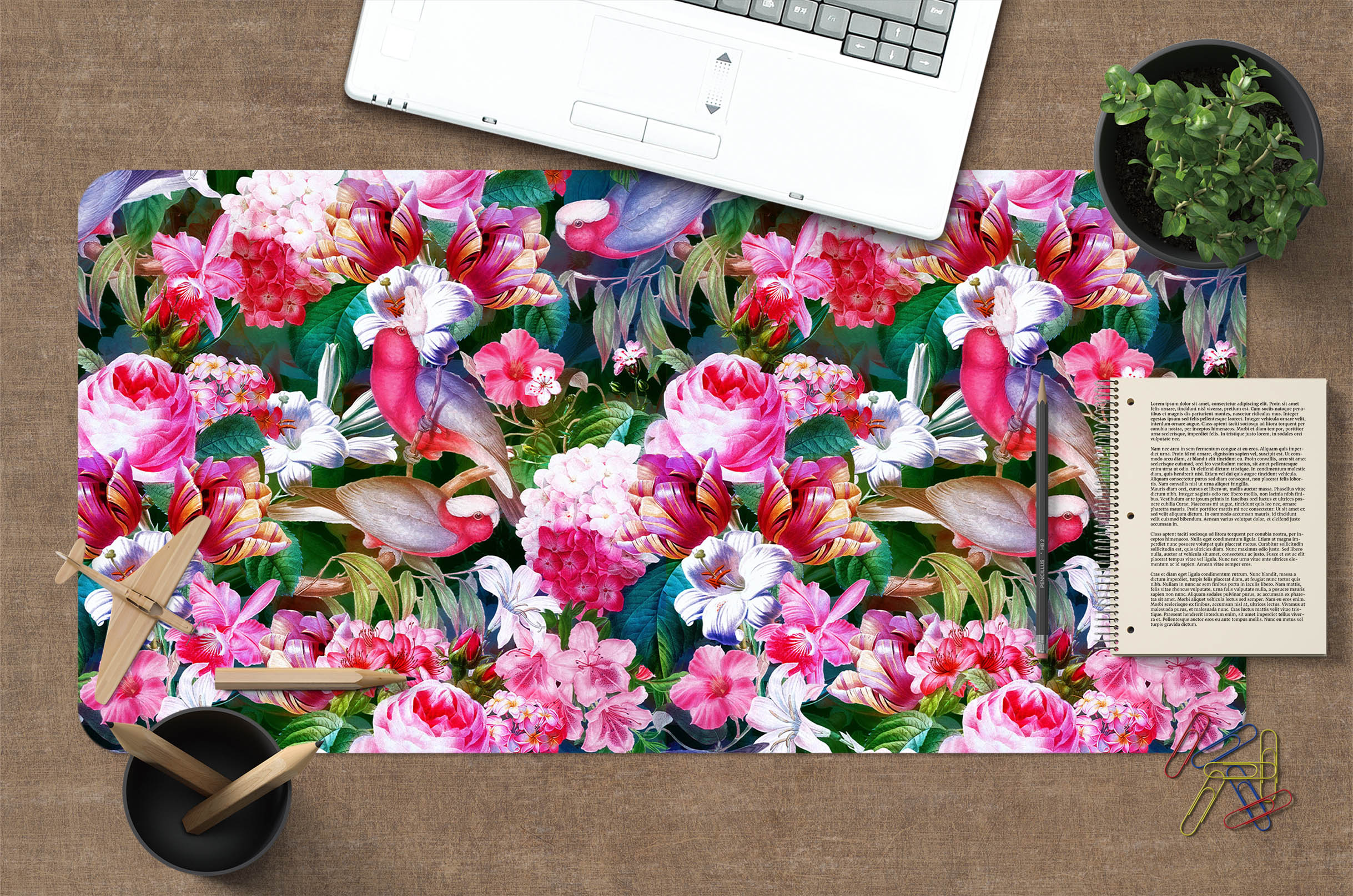 3D Pink Rose Bush Bird 120162 Uta Naumann Desk Mat