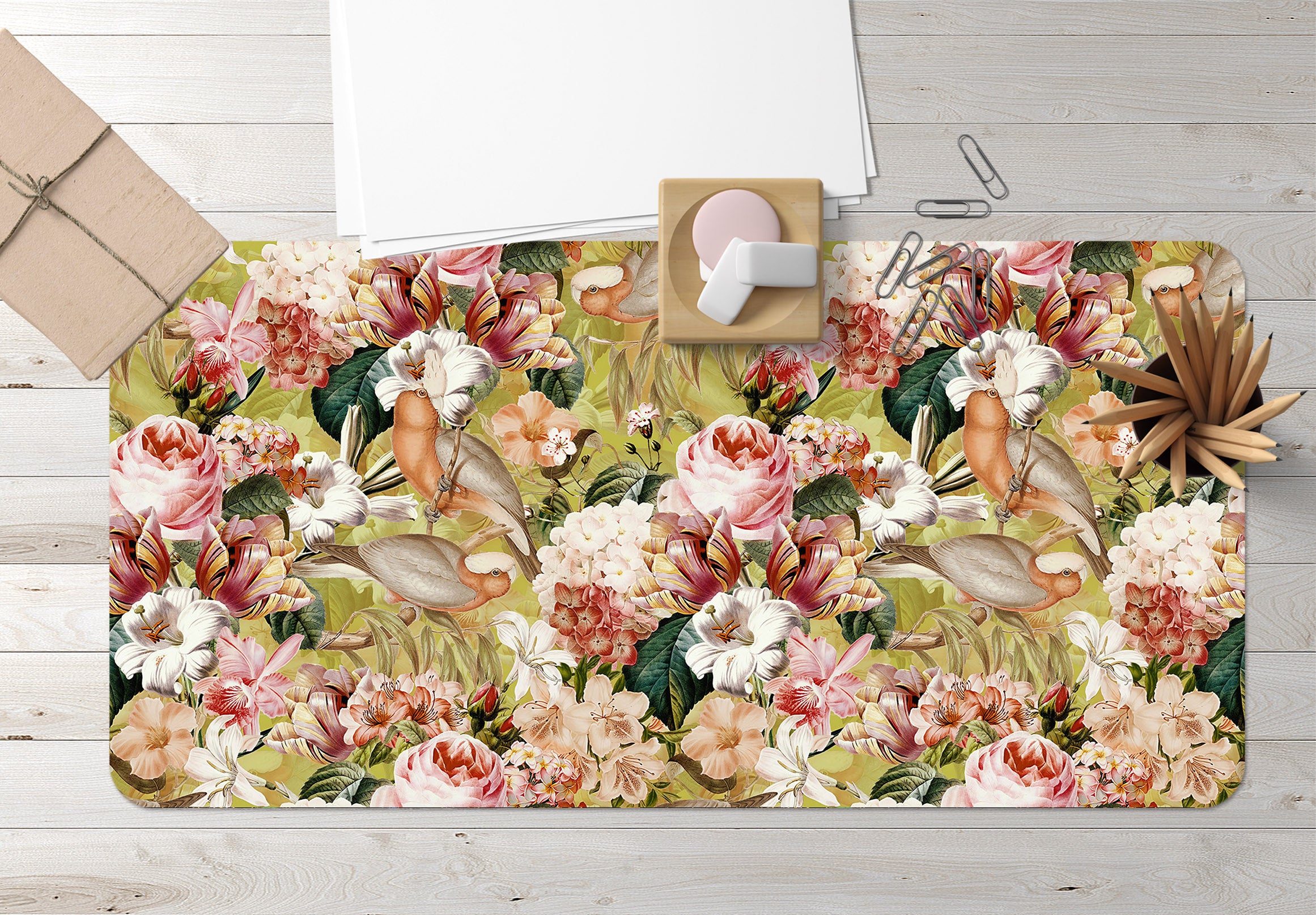 3D Pink Rose Bird 120158 Uta Naumann Desk Mat