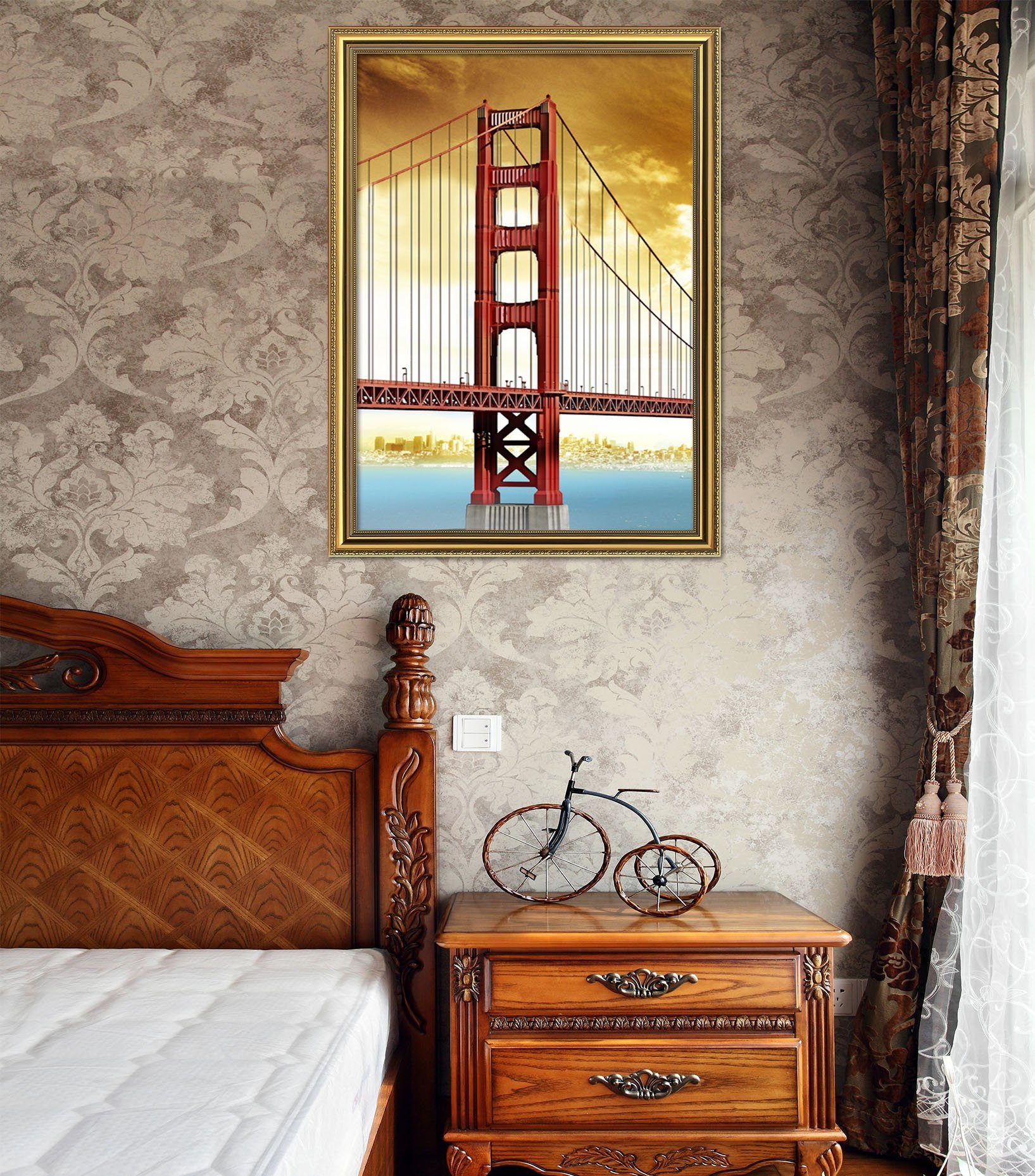 3D Red Bridge 003 Fake Framed Print Painting Wallpaper AJ Creativity Home 