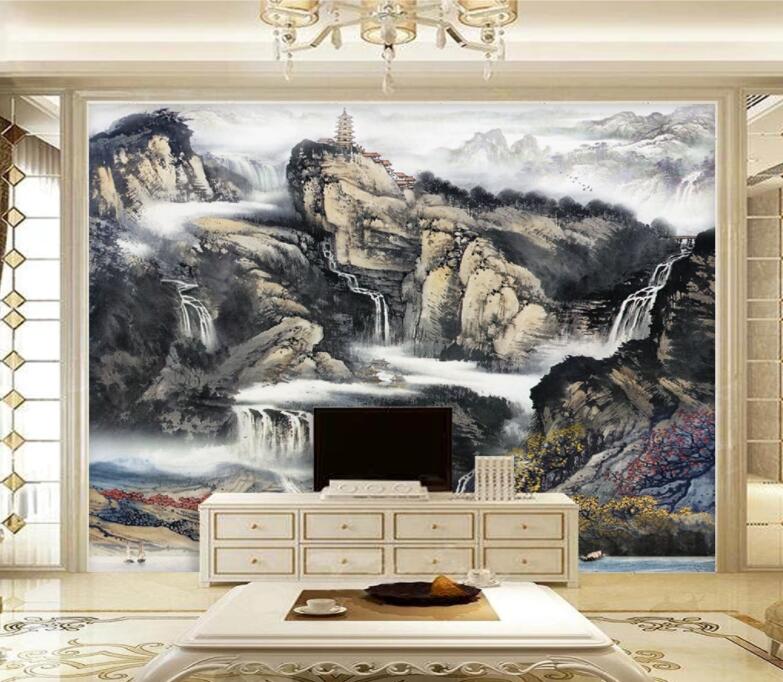 3D Waterfall Mountain WC1112 Wall Murals