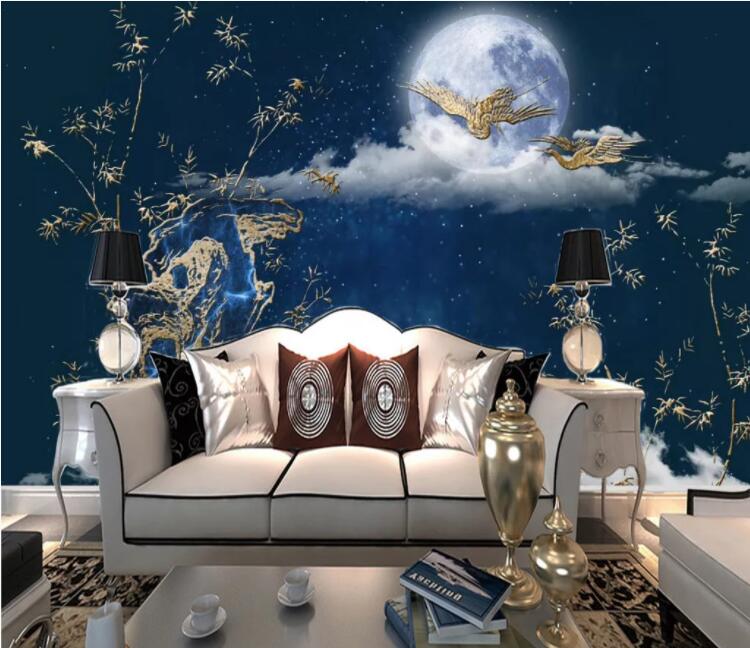 3D Moon Golden Crane WC2706 Wall Murals