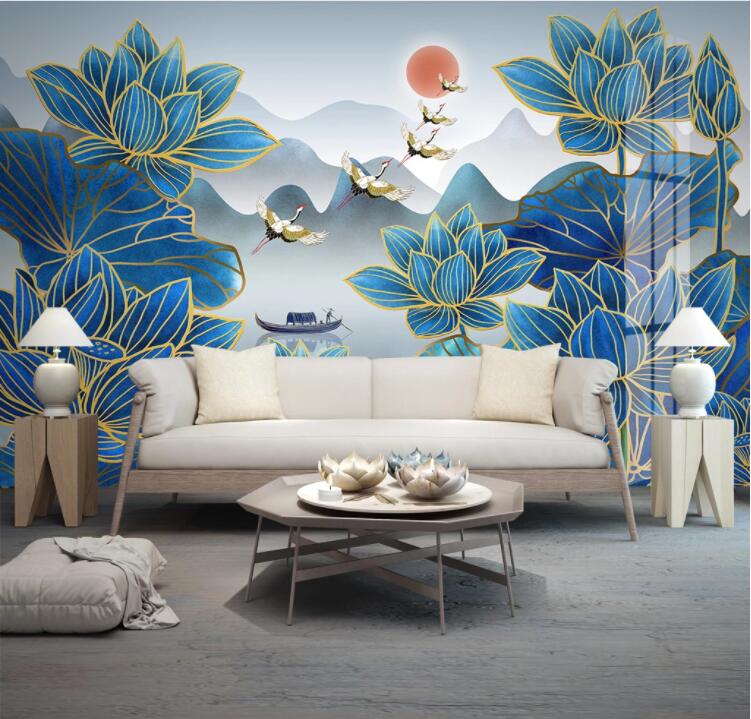 3D Blue Lotus Crane WC2322 Wall Murals