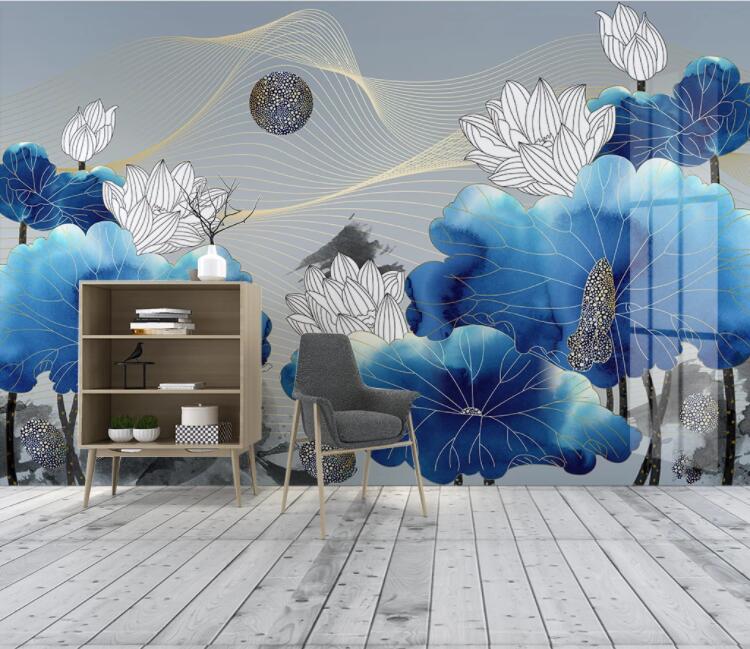 3D Blue Lotus Leaf WC2060 Wall Murals