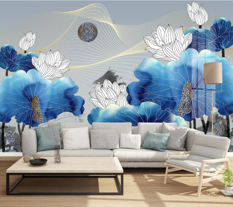 3D Blue Lotus Leaf WC2060 Wall Murals