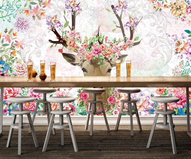 3D Peony Deer WC175 Wall Murals