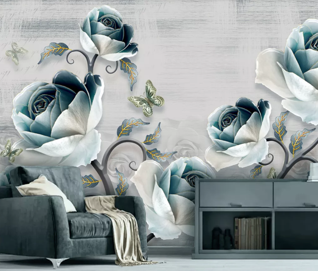 3D Green Rose Butterfly WC2191 Wall Murals