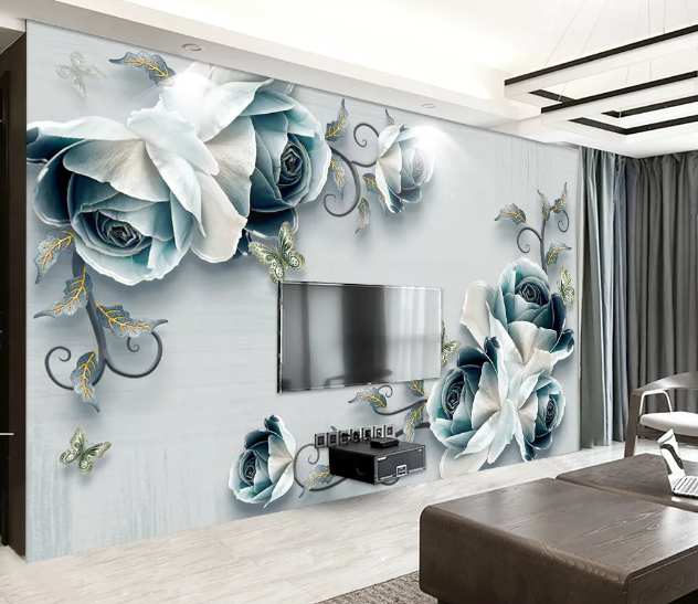 3D Green Rose Butterfly WC2190 Wall Murals