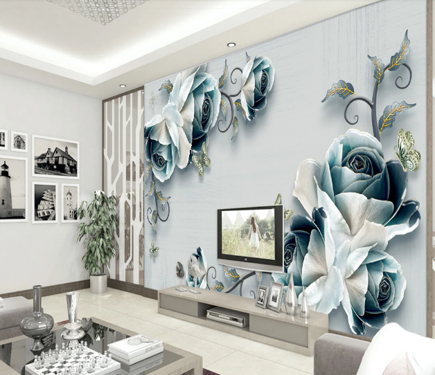 3D Green Rose Butterfly WC2190 Wall Murals