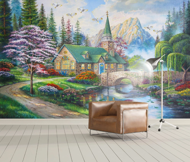 3D House Bridge River WC924 Wall Murals