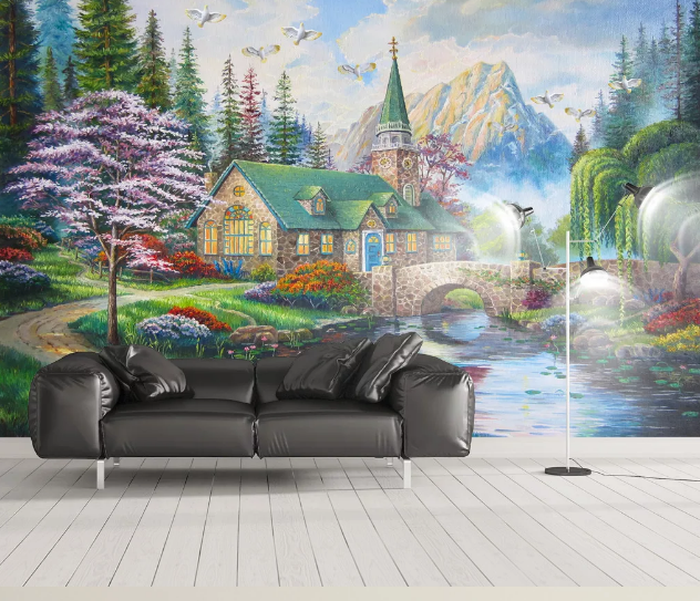 3D House Bridge River WC924 Wall Murals