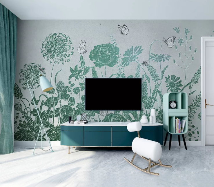 3D Green Flower Butterfly WC2392 Wall Murals