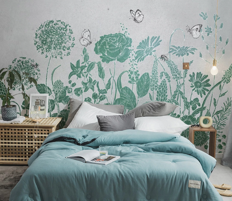 3D Green Flower Butterfly WC2392 Wall Murals