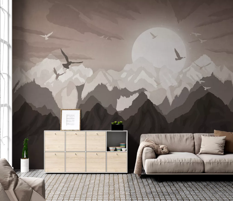 3D Moon Bird Mountain WC2372 Wall Murals