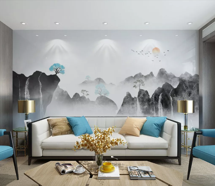 3D Cliff Lake Tree WC2334 Wall Murals