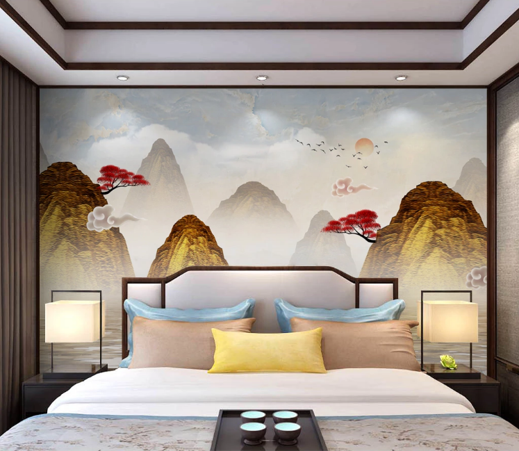 3D Mountain Red Tree WC2284 Wall Murals