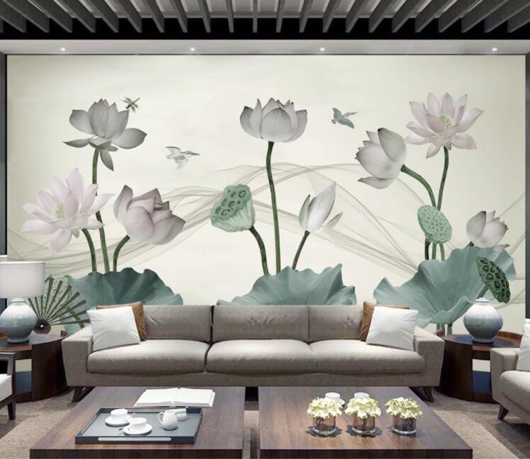 3D Lotus Dragonfly Bird WC2482 Wall Murals