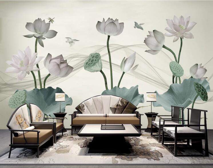 3D Lotus Dragonfly Bird WC2482 Wall Murals