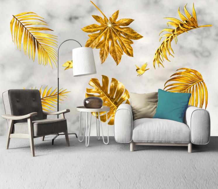 3D Golden Bird Leaf WC2321 Wall Murals